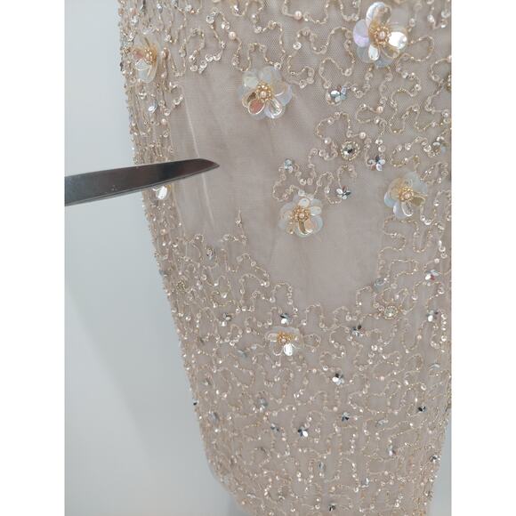 ADRIANNA PAPELL SZ 2 beige 3d floral beaded knee length nwt $249  b118 *flaw - Picture 4 of 11